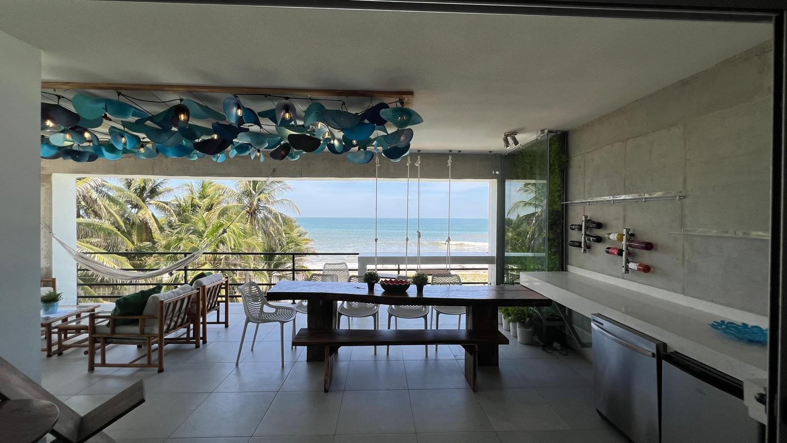 Terrace dining with live-edge wood table