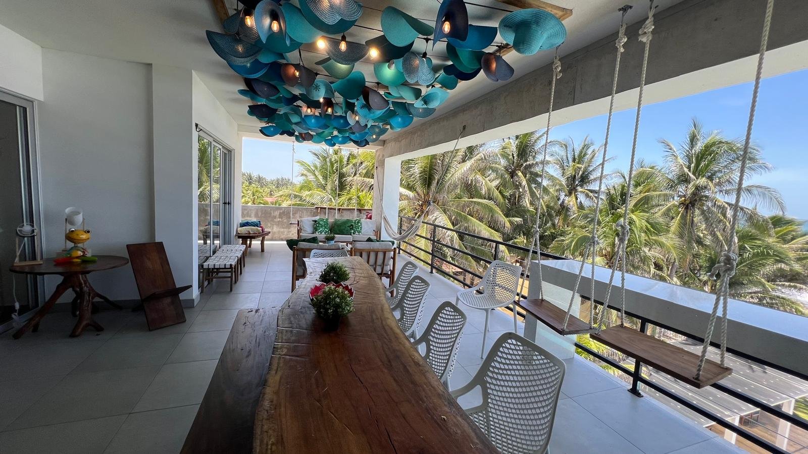 Terrace with blue hat chandelier